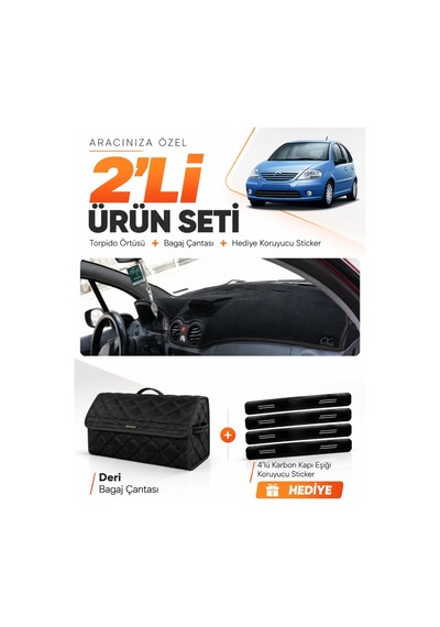 E-biz Cıtroen C3 2004-2009 Uyumlu Torpido Örtüsü + Deri Bagaj Çantası Seti - Siyah - Cı004