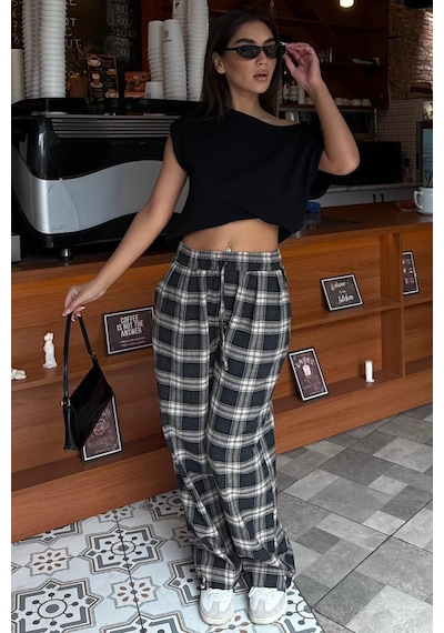 Madmext Füme Ekose Desenli Balon Fit Kadın Pantolon Mg2686 Füme/