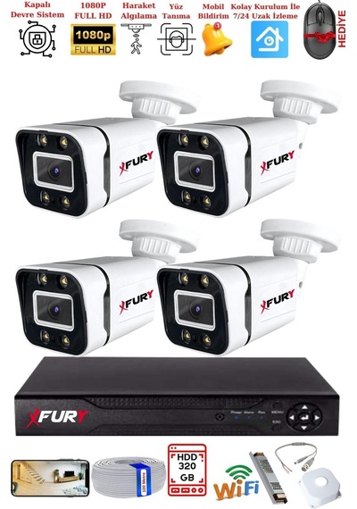 Fury 4 Kameralı 1080p Görüntü Gece Renkli Full Hd 4 X Ultra Led Gece Renkli Güvenlik Kamerası Seti 320gb