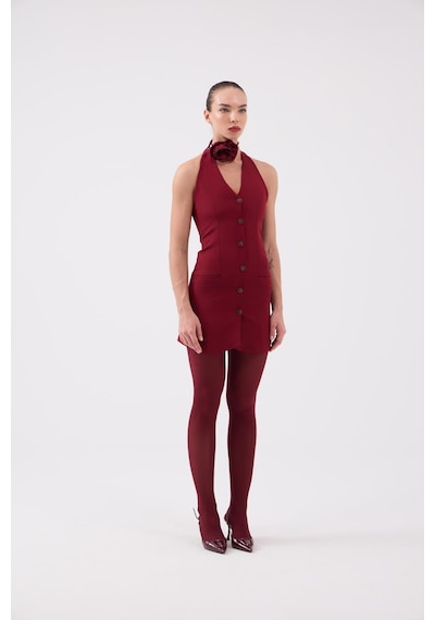 Holly Lolly Gül Aksesuarlı Halter Yaka Düğmeli Mini Becca Elbise Bordo