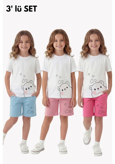 Panios Kids 3'lü Yazlık Yuvarlak Yakalı Baskı Detaylı Kaprili 6 Parça Kız Çocuk Alt Üst Takım Pembe - Mor