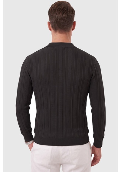 Rizzup Erkek Slim Fit Dokulu Siyah Triko Kazak Fermuarlı Polo Yaka Likralı Esnek 2708505