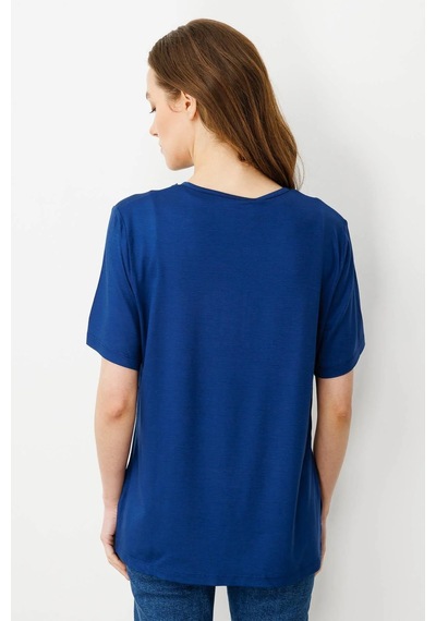 Desen Triko Kadın Açma Yaka Dantel Çiçek İşlemeli Penye T-shirt 24751 Indigo Indigo