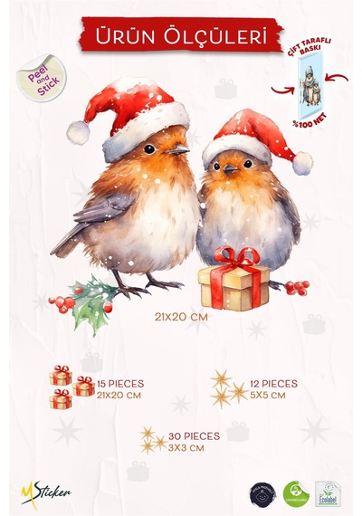 Çift Taraflı Baskılı Yeni Yıl Yılbaşı Kuşları Ve Sevimli Figürler Cam Sticker Seti Yılbaşı Stickerı Dijital Baskı