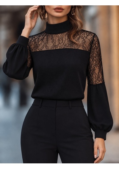 Butik İstanbul Kadın Uzun Kollu Balıkçı Yaka Dantelli Janjan Krep Bluz Siyah