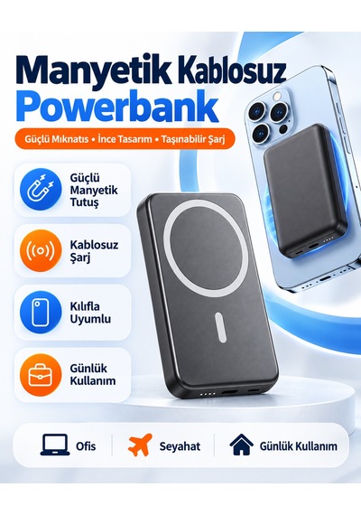 İphone 12/13/14/15/16/17/18 Uyumlu Magsafe Battery Pack 5000 Mah Powerbank Kablosuz Wireless Batarya Şarj Aleti siyah