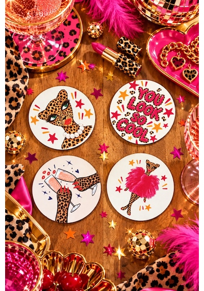 You Look So Cool, Wild Party Temalı 4 Lü Bardak Altlığı Set 9 Cm, 3 Mm Ahşap Mdf, Dijital Baskı - 926985224 Diğer