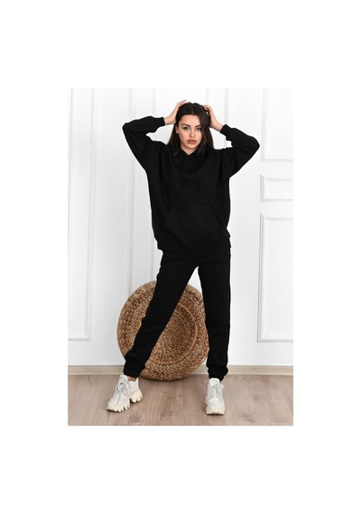 Düz Basic Eşofman Takımı Sweatshirt Jogger - Siyah Oversize Şardonlu Kapüşonlu Siyah