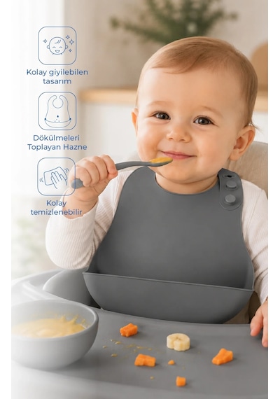 Babyjem Mini Silikon Mama Önlüğü Gri