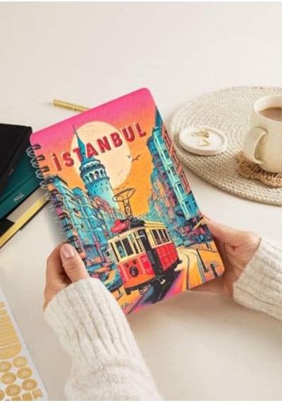 Simli Defter İstanbul A5 Yeni Yıl Çizgisiz Spiralli 14x21 Cm Taksim Tramvay Açık Gri