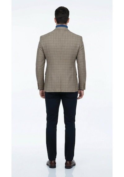 Plus Scorpion Ekoseli Slim Fit Erkek Blazer Ceket Şık Modern Tasarım, Tek Düğmeli Camel
