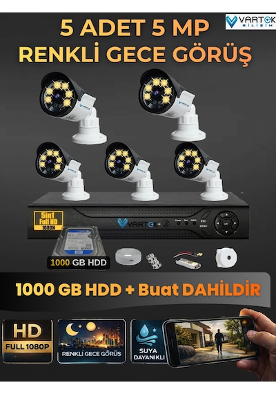 5 Kameralı Set 1000 Gb Hdd Full Hd Gece Görüşlü Güvenlik Kamerası Sistemi-sabit İp Gerektirmez-