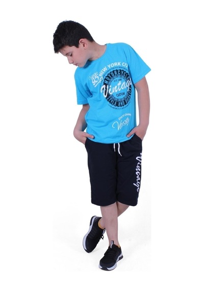 Fyk Kids Vintage Custom Yazı Baskılı Erkek Çocuk Yazlık Takım Turkuaz