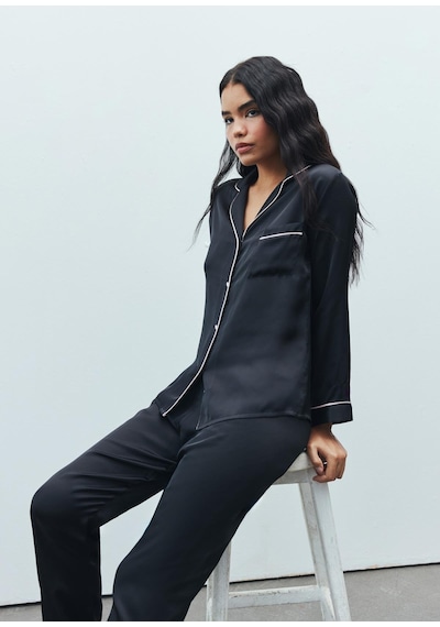 Amour Siyah Uzun Saten Pijama Takımı Siyah