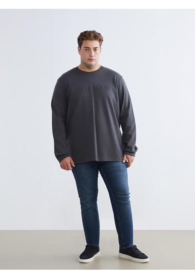 Lcwaıkıkı Classic Antrasit Büyük Beden Bisiklet Yaka Baskılı Erkek Sweatshirt
