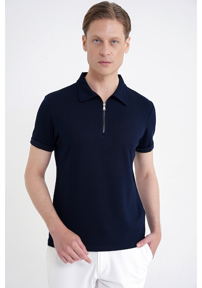 Efor Slim Fit Esnek Pamuklu Fermuarlı Lacivert Polo Yaka Tişört Ts 926