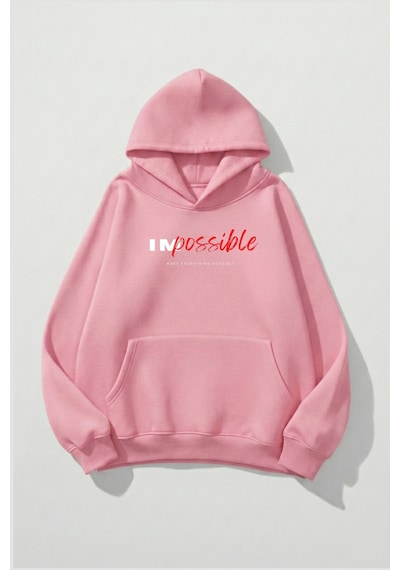 Uyguntarz Unisex Yumuşak Dokulu Impossible Baskılı Tasarım Oversize 3 İplik Hoodie Sweatshirt Pembe