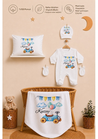 Pia Baby İsme Özel Erkek Bebek Tulum Seti %100 Pamuk Organik Baskılı Yastık Kılıfı Ve Battaniyeli Tulum 2071tybyx Ekru