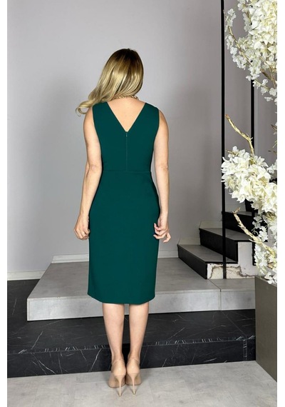 Ges Moda G1330 Drape Ve Çiçek Detaylı V Yaka Abiye Elbise Zümrüt Zümrüt