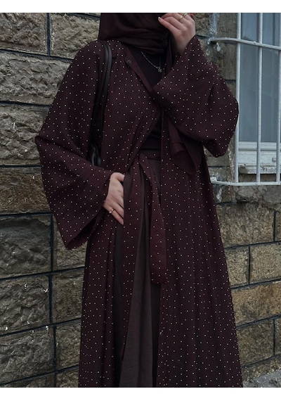 Şakika Shine Taşlı Abaya Ferace & Şal - Standart Beden & Farklı Boy Kahverengi