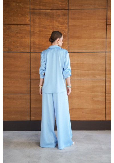 Verymoda Yüksek Bel Bol Paça Saten Pantolon Şık Ve Rahat Tasarım F2052 Mavi