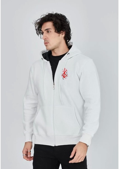 Unisex Baskılı Tam Fermuarlı Kapşonlu Sweatshirt - Beyaz Beyaz