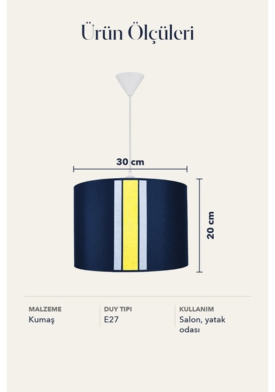 Şenay Aydınlatma Modern Silindir Kumaş Sarkıt Avize Lacivert Beyaz Sarı Şeritli Tavan Lambası
