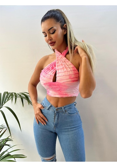 Pink Life Pudra Batik Desen Ithal Likralı Kumaş Büstiyer Pudra-pembe