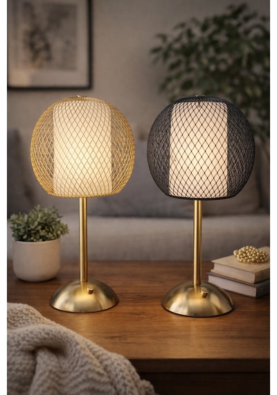 Tel Dekoratif Siyah Masa Ve Gece Lambası Led Abajur Altın
