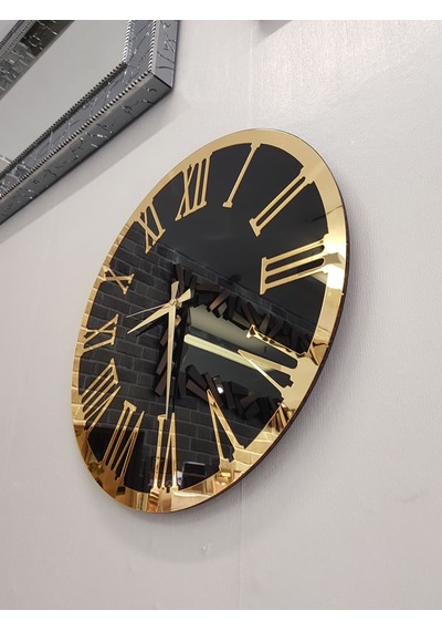 Ayna Denizi Golden Jet Black Model Altın Siyah Renk 50 Cm Dekoratif Aynalı Duvar Saati Siyah