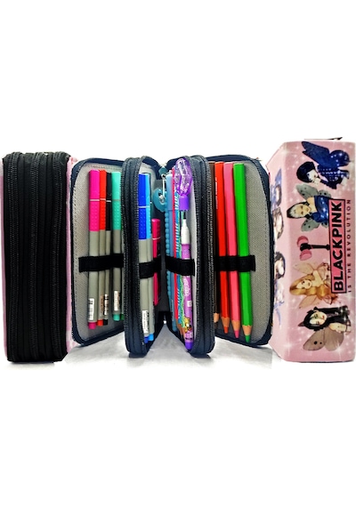 Kalem Kutusu Black Pink Blink Organizer Kalemkutu Vegan Deri Üç Bölmeli Kalemlik - Siyah Siyah