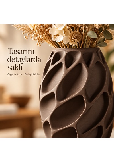 Yaprak Desenli Dekoratif Vazo 20 Cm Kuru Ve Yapay Çiçek Vazosu Kahverengi