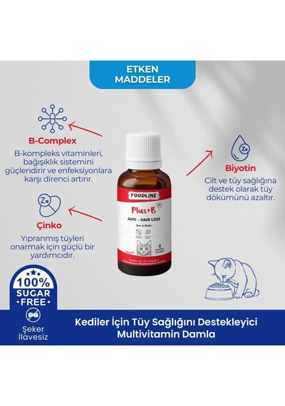 Kediler İçin Plus +b Damla 50 Ml, Tüy Sağlığını Destekleyici Biotinli Multivitamin