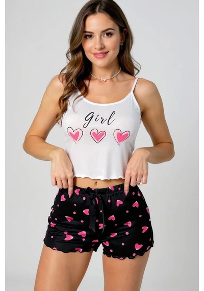 Leyna Kalp Desenli Askılı Şortlu Pijama Takımı Siyah