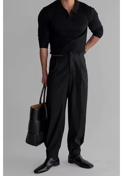 Canlı Siyah Regular Fit Polo Yaka Triko Uzun Kollu Kazak Çok Renkli