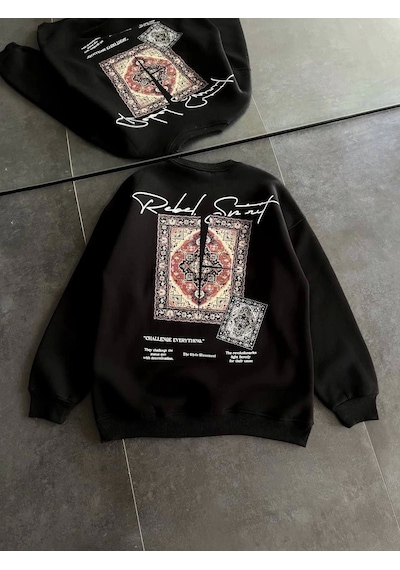 Kadın Bisiklet Yaka Baskılı Sweatshirt - Siyah Siyah