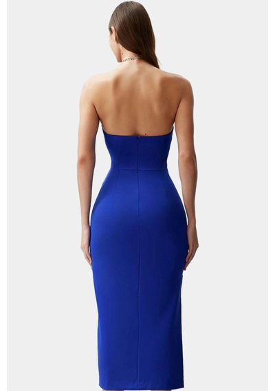 Ersefa Kadın Bodycon Midi Elbise Kare Yaka Finike Dokuma Yazlık Şık Elbi Saks