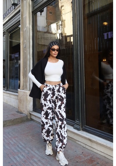 Kechi Woman Kadın Gabardin İnek Desenli Beli Lastikli Jogger Pantolon Kw3166