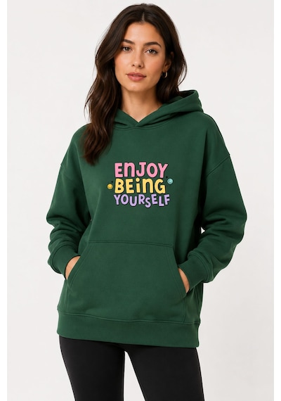 Herkesemoda Enjoy Being Baskılı Kapüşonlu 2 İplik Şardonlu Sweatshirt Yeşil