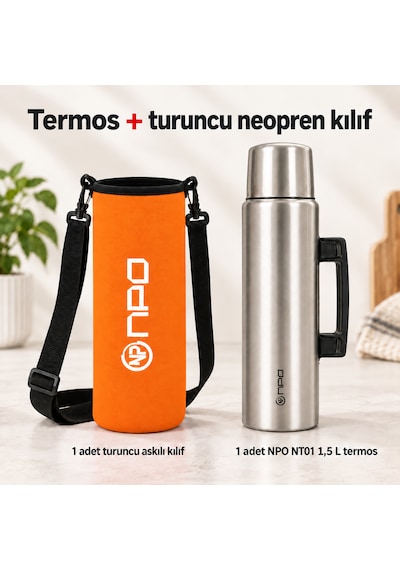 Npo Nt01 2 Katman Vakum Teknolojili 24h Sıcak 48hsoğuk 72hbuzlu Koruma Çelik Termos Turuncu Kılıflı