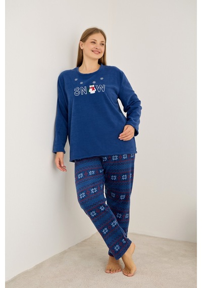 Siyah İnci Temalı Nakışlı Büyük Beden Polar Kışlık Örme Pijama Takım Lacivert