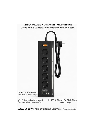 Fulltech Ftr-26 5li Akım Korumalı Priz 2 Usb-a, 2 Usb-c, 3 Kademeli Gece Lambası, 2 Metre Kablo - 36 0.2 M