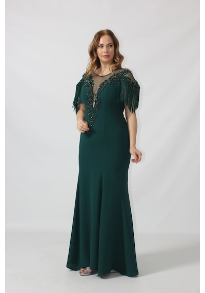 Moda Berray 80099 İşlemeli Püsküllü Büyük Beden Uzun Abiye Siyah