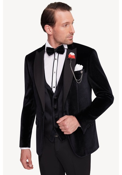 Ysf Erkek Siyah Slim Fit Sivri Yaka Kadife Damatlık