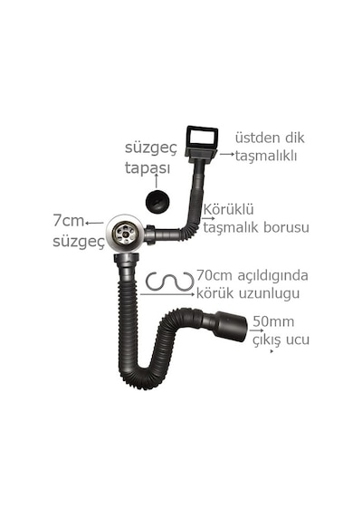Donau Mutfak Evye Sifonu Dik-Yandan Taşmalıklı Sifon Gri-Beyaz Yandan Taşmalıklı