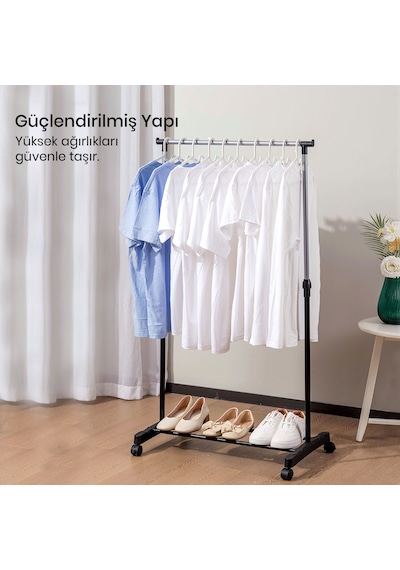 Vusıgn Tek Çubuklu Elbise Askısı Tekerlekli Metal Askılık 140x38x70 Cm Gümüş