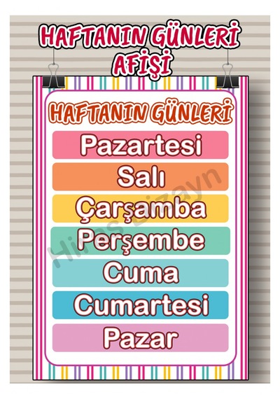 Hiras Dizayn Haftanın Günleri Eğitici Afiş A3, 30 42 Cm