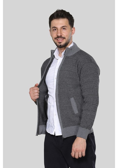 Kzctekstil Erkek Triko Akrilik Kalın Dokulu Klasik Fit Fermuarlı Cepli Kışlık Baba Hırka Gri