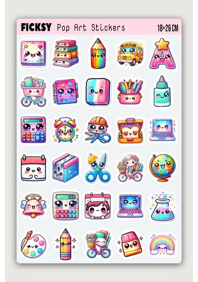 Kawaii Okul Temalı Sticker Seti - 60 Adet Etiket Çıkartma Çok Renkli