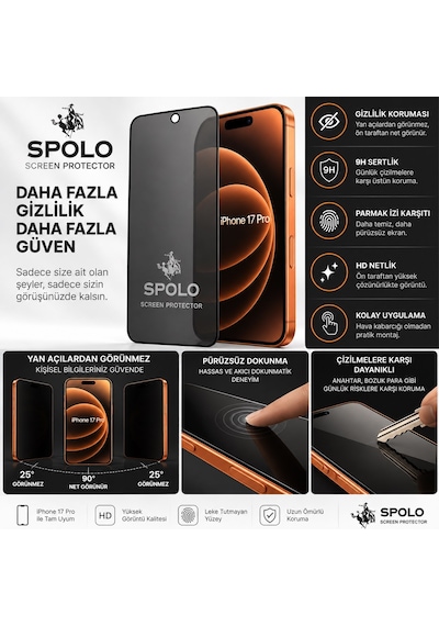 Spolo Apple iPhone Uyumlu  17 Pro Hayalet Ekran Koruyucu Gizlilik Camı Yan Görüş Önleyici